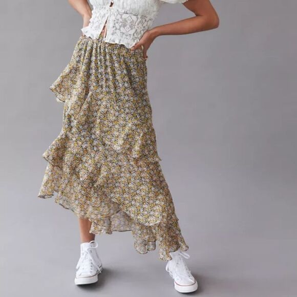 MinkPink Nahla Floral Frill Tiered Midi Skirt Size Small NWOT - Picture 3 of 6